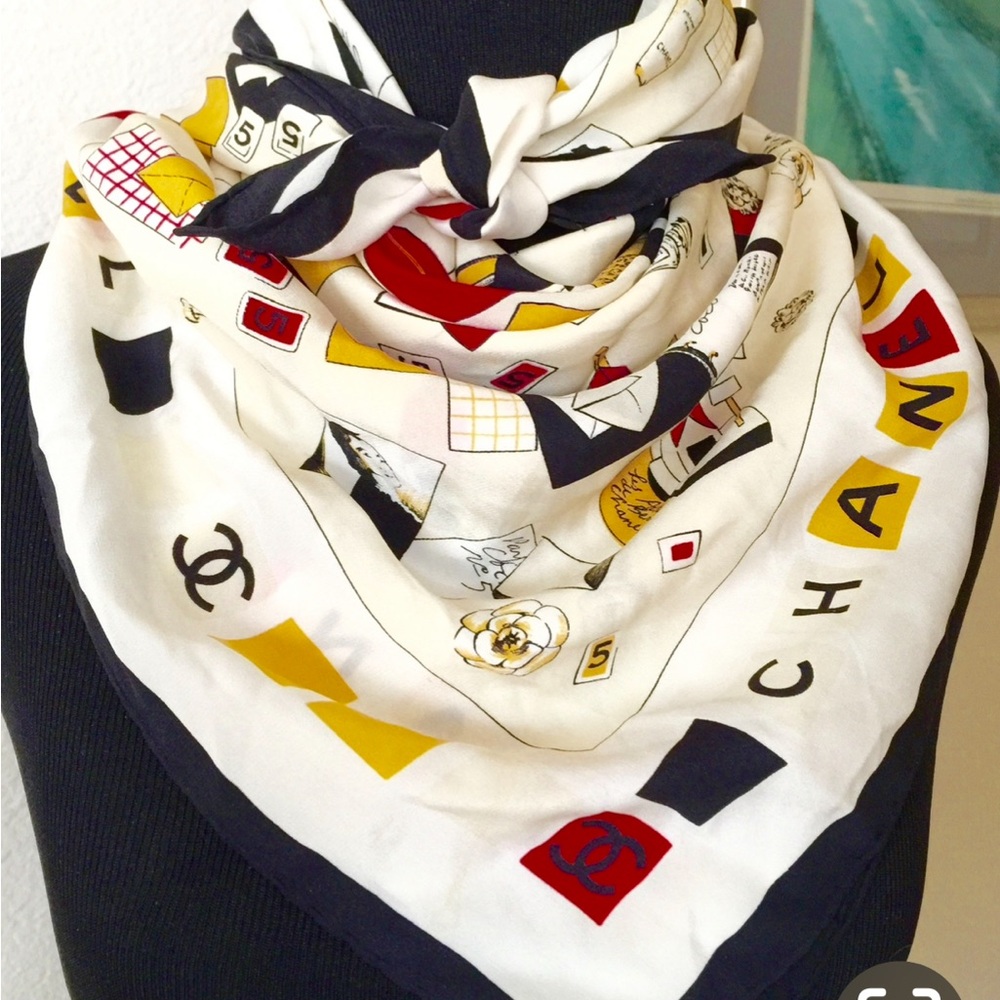 CHANEL White and Black Silk Scarf with Geometric Patterns